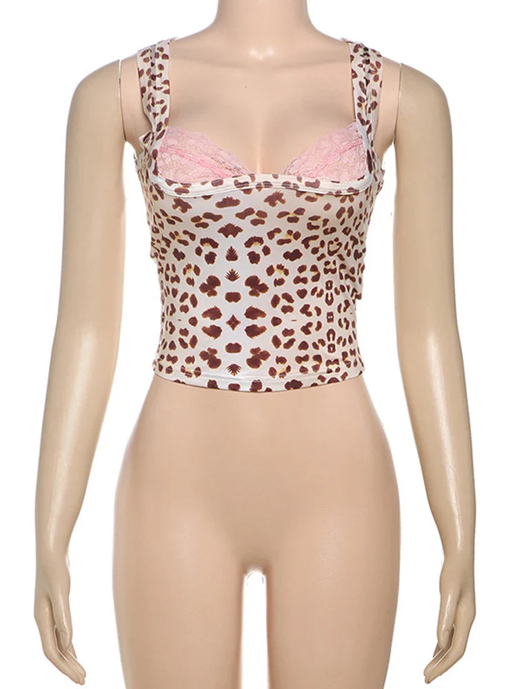 Leopard Print Lace Spliced Tanks Top Women's Plunge Sexy Halter Neck Slim Vest Hot Girl Casual Club Party Top Y2K Female