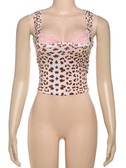 Leopard Print Lace Spliced Tanks Top Women's Plunge Sexy Halter Neck Slim Vest Hot Girl Casual Club Party Top Y2K Female