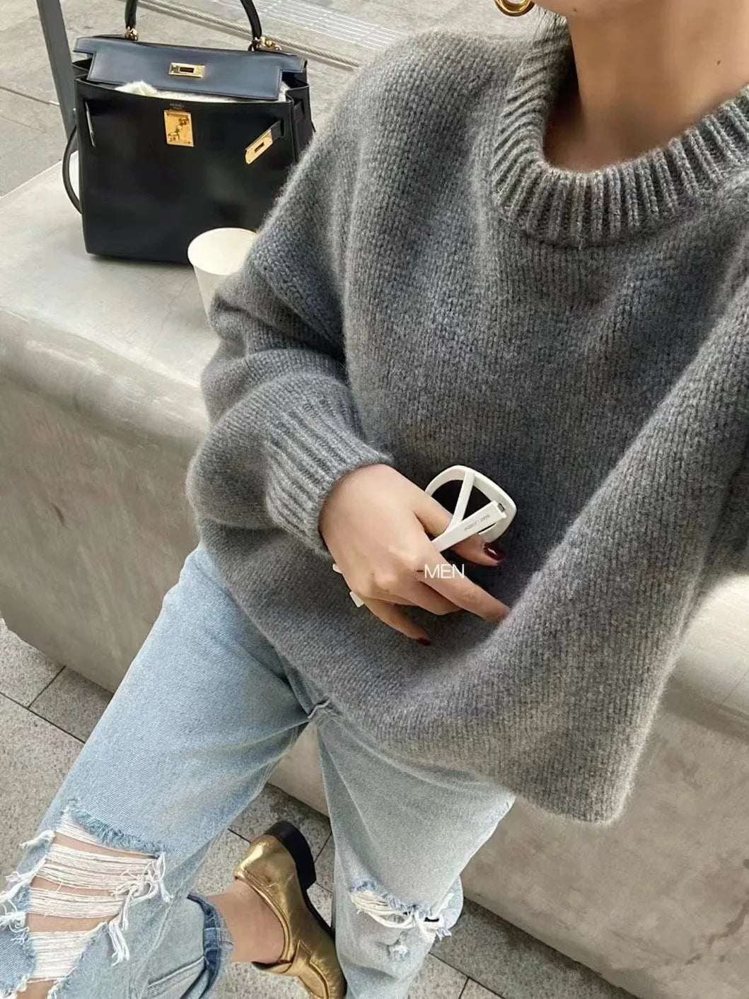 autumn and winter new 100% cashmere sweater women's grey round neck pullover knitted wool loose thick sweater