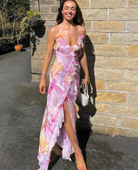 Flower Print Dress Woman Summer Strapless Splits Irregular Tassel Patchwork Backless Bandage Party Skinny Vestidos
