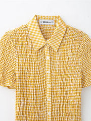 Yellow Plaid Mini Dress Single Breasted Slim Short Dresses For Women 2025 New Turndown Collar Short Sleeve Casual Dress Summer