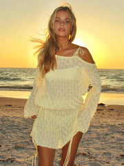 Butter Yellow Sexy One Shoulder Long Sleeve Drawstring Waist Knit Dresses For Women 2025 Autumn Beach Vacation Mini Dresses C105