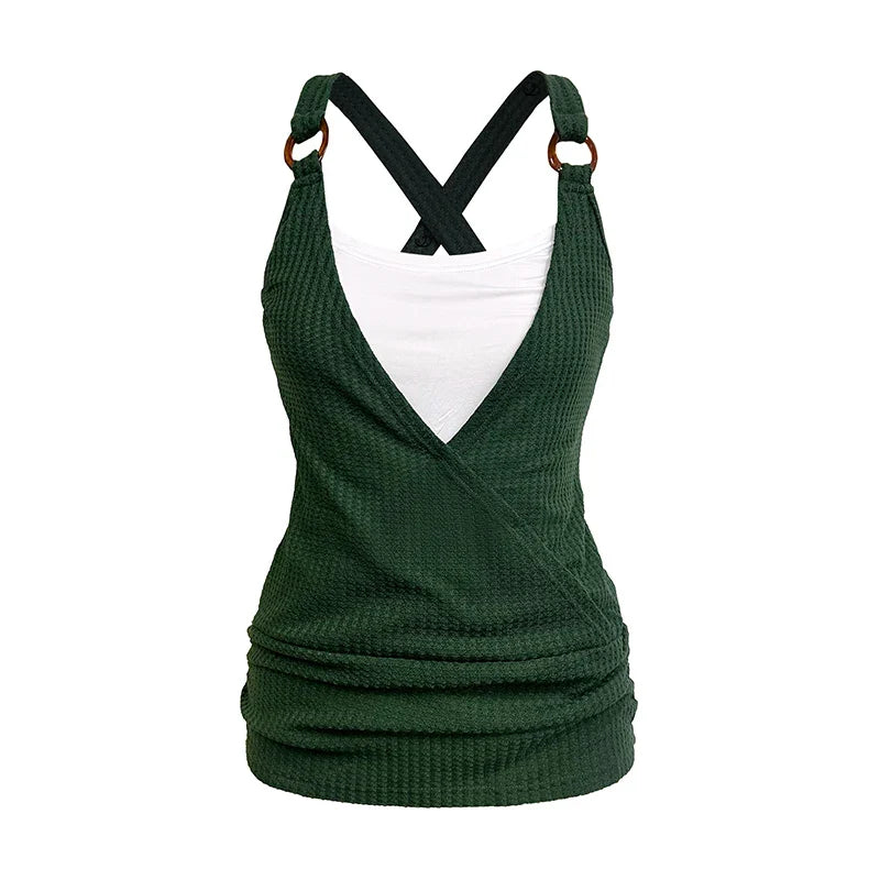 2025 Women's Tops Colorblock Textured Crossover Faux Twinset Tank Top O Ring Strap Ruched Long 2 in 1 Tank Top