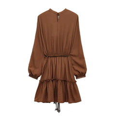 Lantern Sleeve Brown Vintage Short Dress Ruffle Spring Summer Women Dress With Belt Hollow Out Loose Fashion Vestidos New