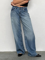 Women Jeans Low Waist Solid Color Wide Leg Straight Trousers with Pockets for Daily Streetwear Fashion Denim Pants