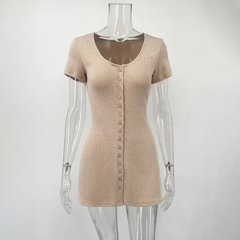 Knitted Mini Dress Female Summer New Elegant V Neck Buttons Short Sleeve Dress High Elasticity Casual Women's Dress