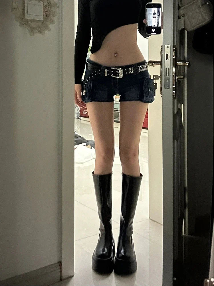 Woman Casual Hot Slim Pants Low Waist Jean Solid Color Wash shorts Goblin Denim Shorts Y2k Classical Sexy Gyaru Dark Academia