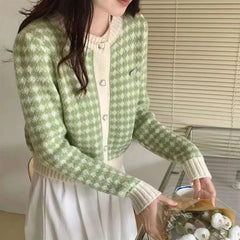 Women's Knit Cardigan with Heart-shape Button Front Plaid Sweater Jacket Soft Knitwear Teen-girl Autumn Winter Fairycore Outfit