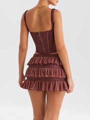 Mozision Elegant Sexy Skirt Two Piece Set For Women Fashion Sleeveless Crop Top And Mini Skirt Ladies Club Party Sexy Skirt Sets