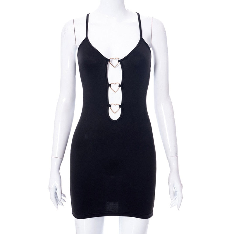 Hollow Out Black Bodycon Woman Dress Camisole Heart Ring Decor Club Sexy Party Dress For Women Short Mini Dress Vestido De Mujer