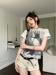 American Personality Vintage O Neck Short Sleeve T Shirt Harajuku Japanese Summer All Match Popular Crop Top Print Clothing