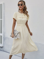 Spring Summer Sweet Solid Dress Women Puff Short Sleeve O Neck High Waist Casual Long Dresses Ladies Holiday Style