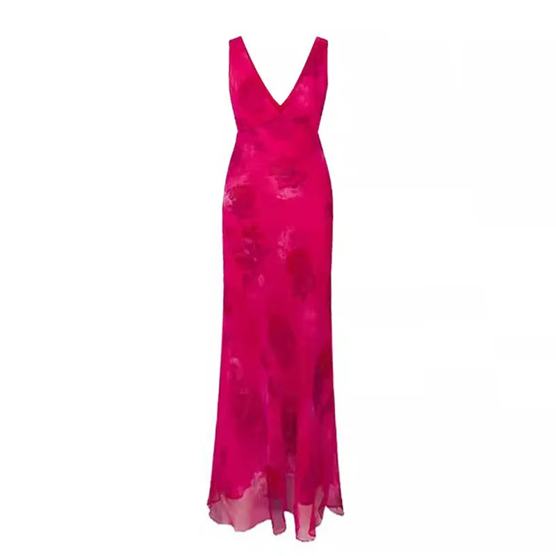 Elegant V-neck Rose Print Long Dress Women Bandage Draped Maxi Sleeveless Tank Dress Evening Party Vintage Clothing