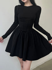 Black Long Sleeve O Neck Pleated Dress