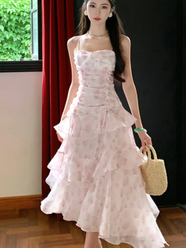 Women Summer Pink Floral Print Ruffles Holiday Dress French Party Birthday Slim Fit Party Dresses Fashion Vestido Midi Robe New