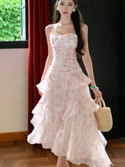 Women Summer Pink Floral Print Ruffles Holiday Dress French Party Birthday Slim Fit Party Dresses Fashion Vestido Midi Robe New