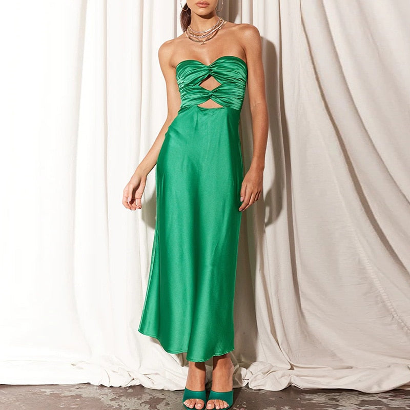 Elegant Strapless Slim Satin Party Dress Summer Off Shoulder Hollow Long Dress Fashion Solid Color Backless Chic Evening Dresses