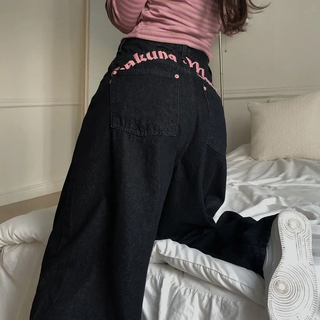 Pbong  Women's Sweet Casual Full Length Baggy Denim Trouser Retro Emo Harajuku Loose Jeans Letter Embroidery High Waist Y2K 2000s Pants
