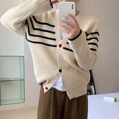 Striped Knit Cardigan Sweater with Heart-shape Button Front V-Neck Sweater Jacket Female Autumn Winter French Chic Cute Outfit