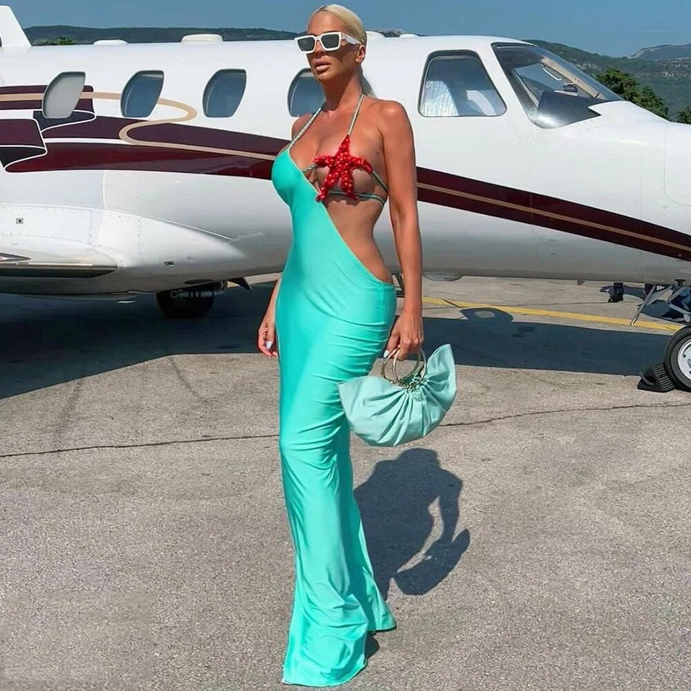 Ladies Star Decorative Spaghetti Strap Backless Design Celebrity Party Vacation Sleeveless Sexy Lace-Up Maxi Long Dress