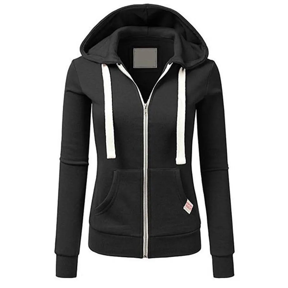 Spring/Autumn New Casual Fleece Zipped Hoodie Women Fashion Drawstring Sporty Hooded Coats Ladies Simple Sweatshirt