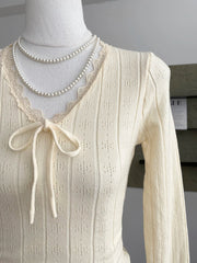 Long Sleeves Knit Top with Lace Trim Bow Front Solid Cute Bodycon Fitted T-Shirt Teen-girl Y2K Fairycore Clothes Spring Autumn