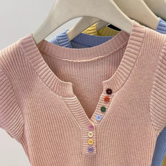 Summer V-Neck Short Sleeve Thin Tshirts Women Pastel Colored Button Knitted T-Shirts Teen-girl Stretch Fitted Tees Y2K Clothing