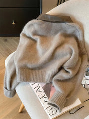 Pbong  Patchwork Zipper Cropped Cardigan Women 400g Thick Autumn Knitted Sweater Bomber Jacket Vintage 2000s Short Fitted Knitwear Coat