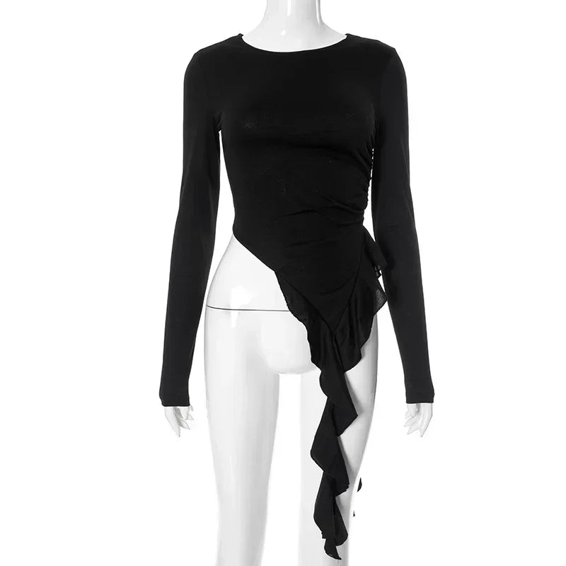 Euramerican High Street O Neck Long Sleeve Shirts Fashion Lrregular Ruffle Moda Punk Tops Y2k Aesthetic Harajuku Girl Clothes