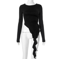 Euramerican High Street O Neck Long Sleeve Shirts Fashion Lrregular Ruffle Moda Punk Tops Y2k Aesthetic Harajuku Girl Clothes
