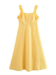 Fashion French Yellow Suspender Dress Long Dress 2025 Summer Ruflle Square Collar New Dress A-line Simple Fashion Woman Clothing