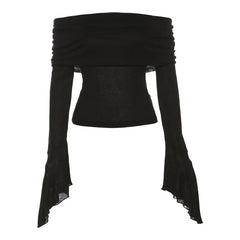 Fashion sexy slash-neck neck backless long sleeve T-shirt for women spring autumn solid color slim stacked trumpet sleeve tops