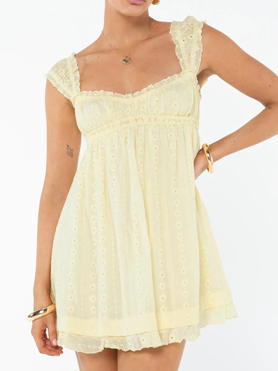 Women Swing Fairy Princess Mini Dress Ruffle Floral Embroidery Loose Party A-line Dress for Beach Club Streetwear