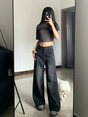Vintage Women's Black Grey High Waist Jeans Y2K Fashion Baggy Loose Straight Wide Leg Baggy Denim Trousers Pants
