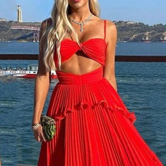 Women Maxi Dress Fashion Solid Suspender Sleeveless V Neck Open Waist Slim Backless Pleated Evening Dresses Streetwear