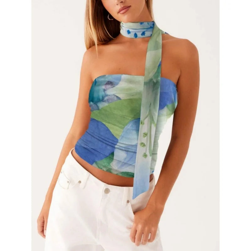 y2k Tube Tops with Scarf Women Sexy Cothes Floral Printed Off Shoulder Strapless T Shirts Bandeau Vest Club Streetwear
