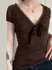 Casual Lace Trim Bandage T Shirt Slim Basic Deep V-Neck Short Sleeve Tees Women 2024 Summer Fashion Streetwear Ladies
