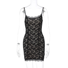 Lace Spaghetti Strap Sexy Mini Dress For Women Robe Fashion Off-shoulder Sleeveless Backless Floral Print Skinny Dress