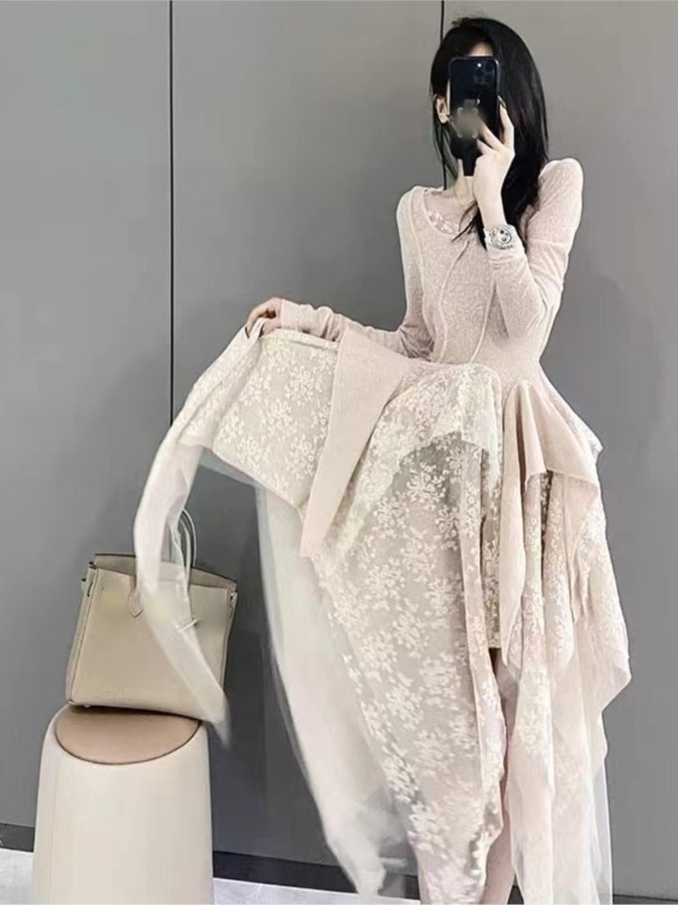 French Elegant Women's Vintage Dress Autumn Winter New Irregular Lace Splicing Evening Long Bridesmaid Party Dress