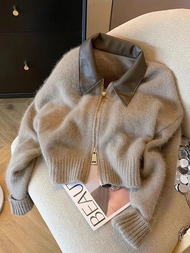Pbong  Patchwork Zipper Cropped Cardigan Women 400g Thick Autumn Knitted Sweater Bomber Jacket Vintage 2000s Short Fitted Knitwear Coat