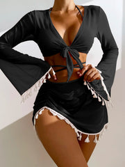 4 Pieces Lace Up Halter Triangle Bikini Swimsuit & Cover Up Top With Skirt Sexy Swimwear Women Bathing Swimming Suit Female