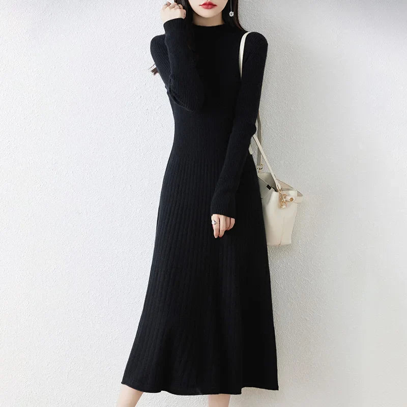 Autumn/Winter New A-line Pullover Dress Women's Half High Neck Over Knee Slim Knitted Cashmere Long Dress