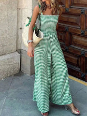 Summer New Women's Jumpsuits Streetwear Fashion Tank Sleeve Plaid Print Casual Slim Rompers Sexy Lady Backless Knitted Clothing