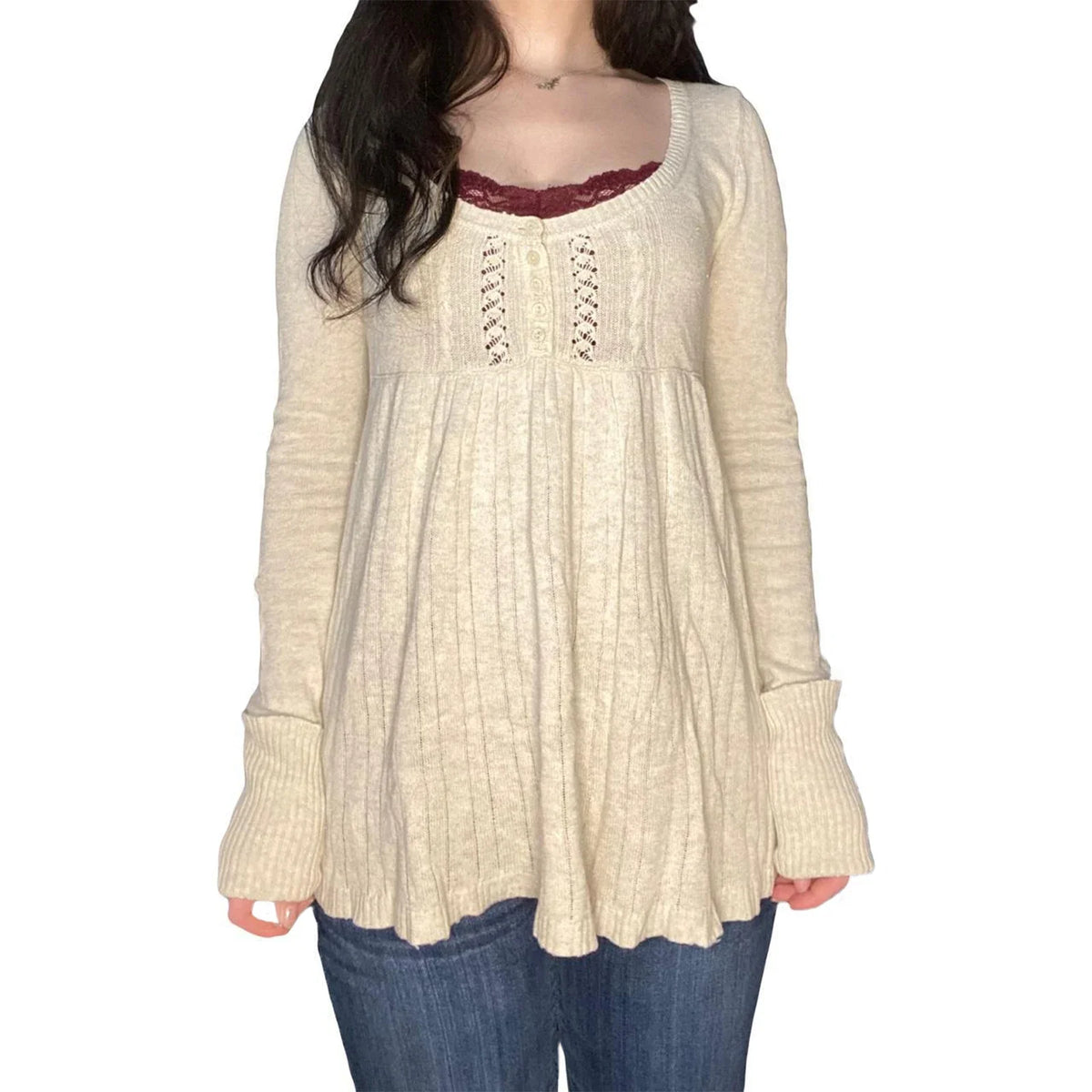 Pbong  Women Autumn Knitted Tops Solid Color Long Sleeve Button Square Neck Tunic Sweaters Blouse