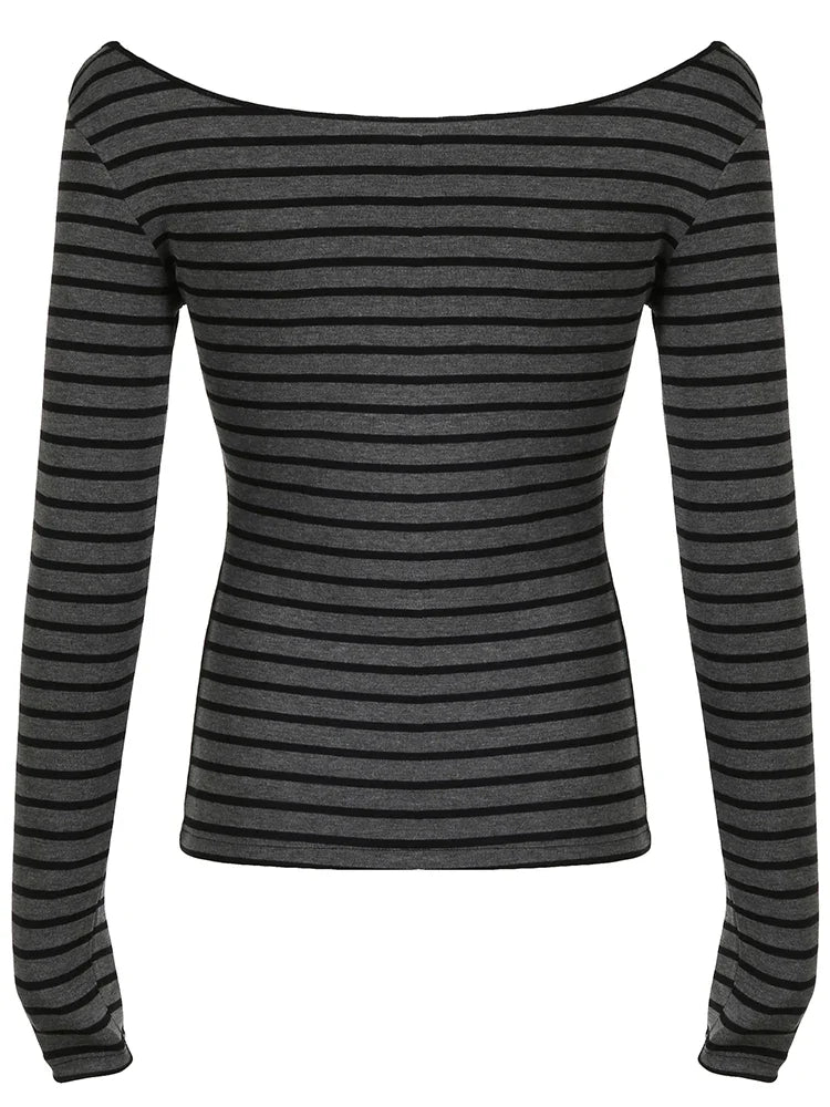 Japanese Basic Slim Long Sleeve Stripe Tee Off Shoulder O Neck Korean Street Style Spring Autumn Y2K Gray T Shirt Women