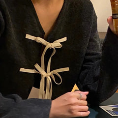 Pbong  Butterfly Knot Short Knitted Sweater Jacket New Design Loose Fit V-Neck Long Sleeve Urban Style Commute Suitable for W...
