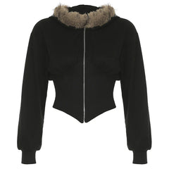 Fashion Slim Fit Faux Collar Hooded Women's Coat Simple Basic Zipper Long Sleeve Jackets Autumn Winter Trendy