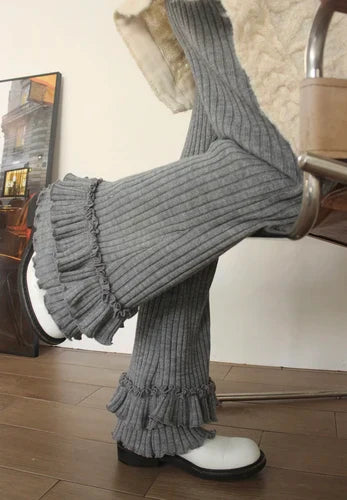 Korean Casual Women Knitted Ruffles Flare Pants Vintage Simple Fashion All Match Wide Leg Trousers Y2k Grunge Mujer Pantalones