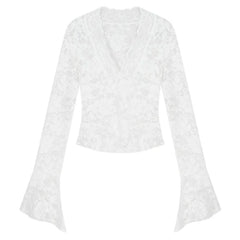 Women's Long Sleeve Lace Top V-neck Flared Sleeve Sheer Lace Crop T-shirt Teen-girl Coquette Fairycore Y2K Outfit