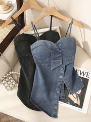 Pbong  Coquette Comisoles Sleeveless Denim Tops Sexy Women Summer Jeans Tanks Crop Top Removable Strapless Cowboy Bustier Corset